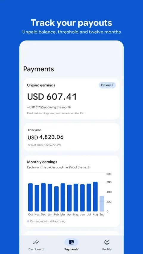 Payments on Android: unpaid balance, this year, and twelve months of earnings