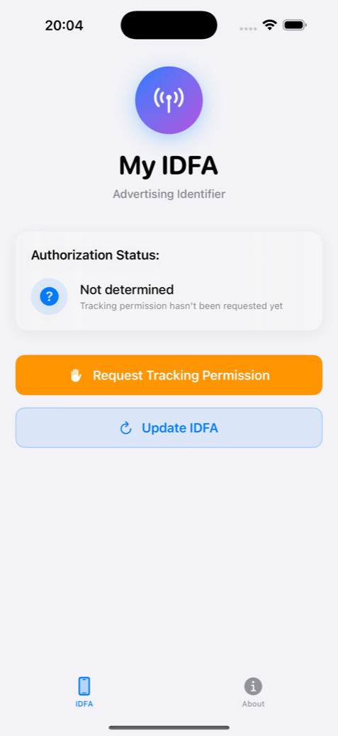 Main screen before permission: authorization status not determined, with a button to request tracking permission
