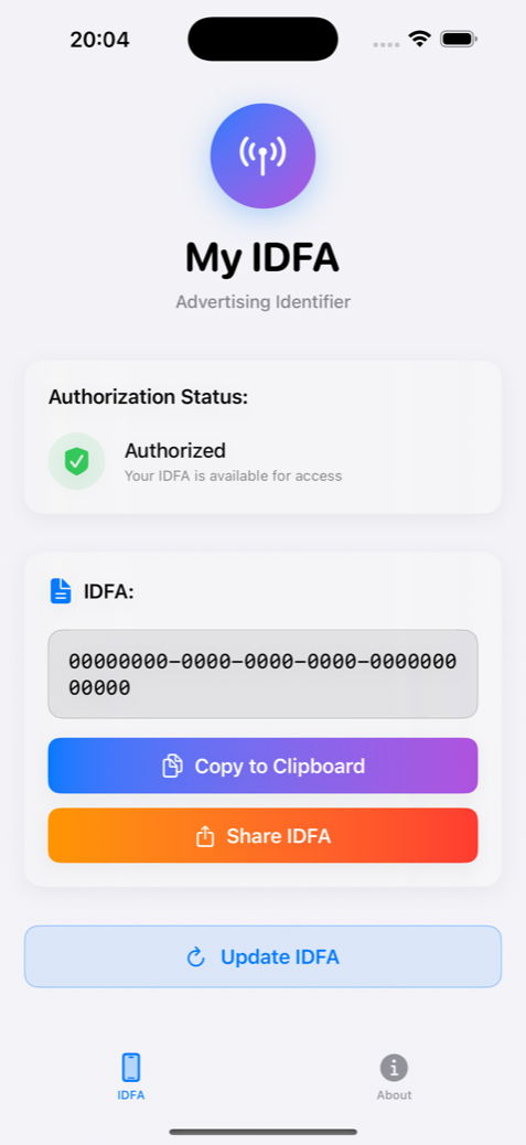 Main screen once authorized: the IDFA shown in full with buttons to copy it to the clipboard and share it