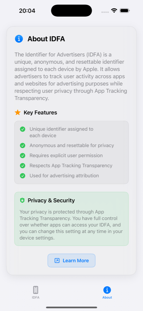About screen explaining what the IDFA is and how App Tracking Transparency protects it